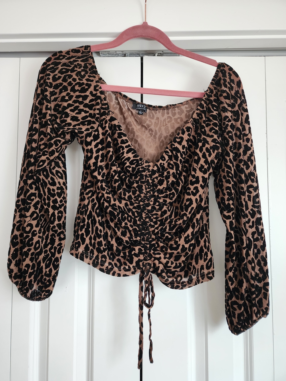 Brown Leopard Print Ruched Long Sleeve Crop Top